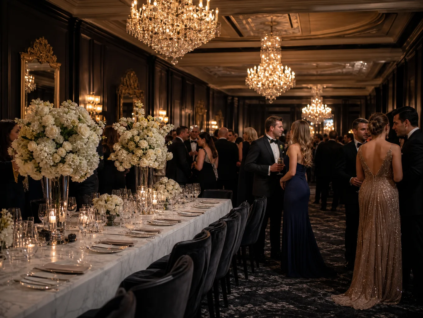 Formal ballroom banquet table settings for the Neptune Gala