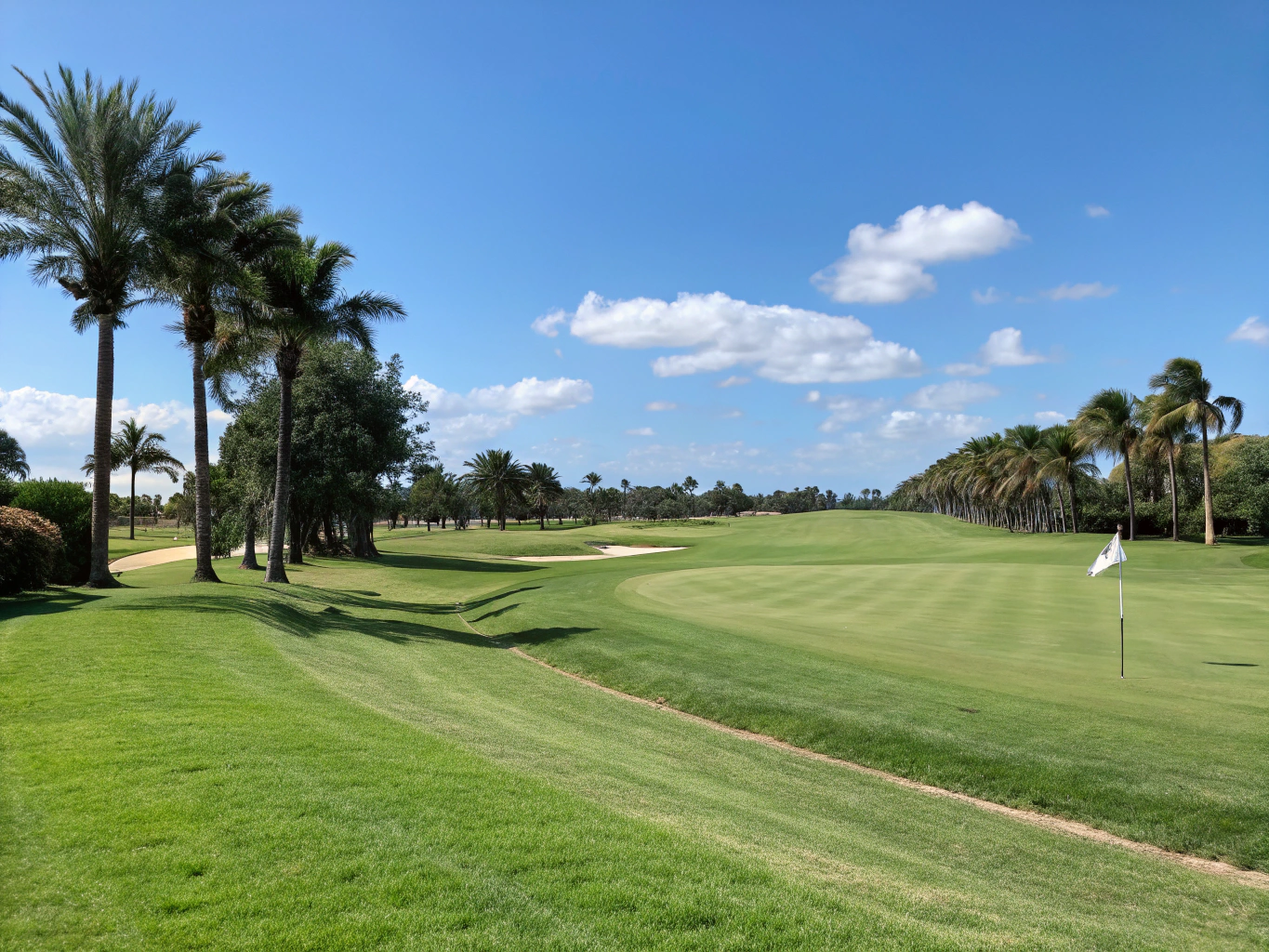 Scenic golf course fairway under sunny skies