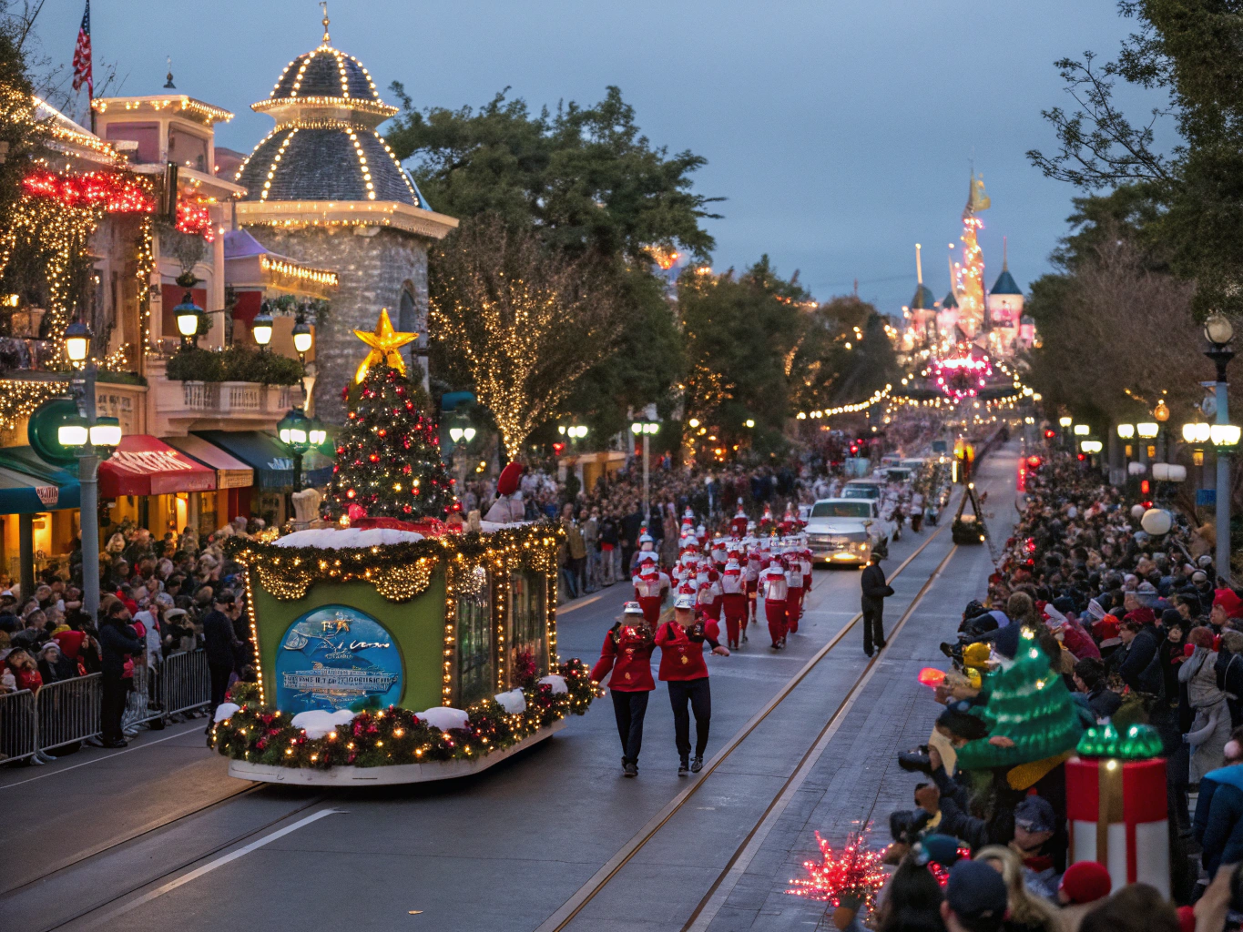 Illuminated parade float shining at night